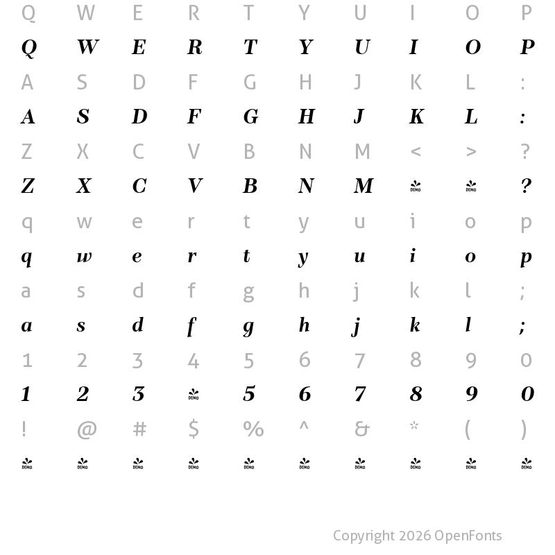 Character Map of FONTSPRING DEMO - TT Barrels Bold Italic