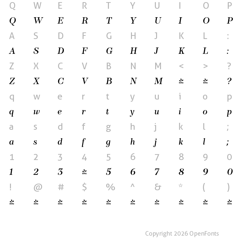Character Map of FONTSPRING DEMO - TT Barrels DemiBold Italic