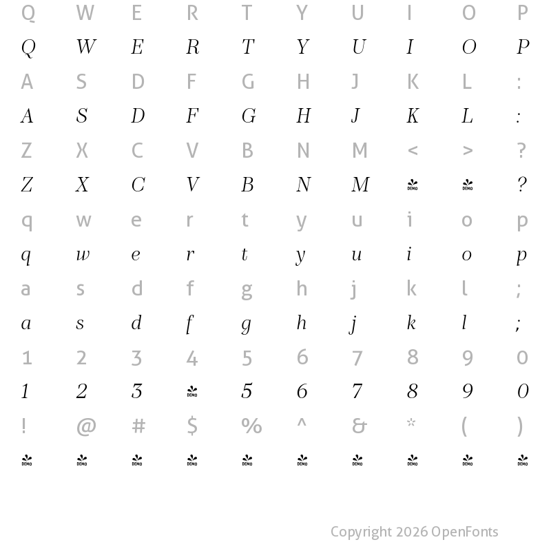 Character Map of FONTSPRING DEMO - TT Barrels Light Italic