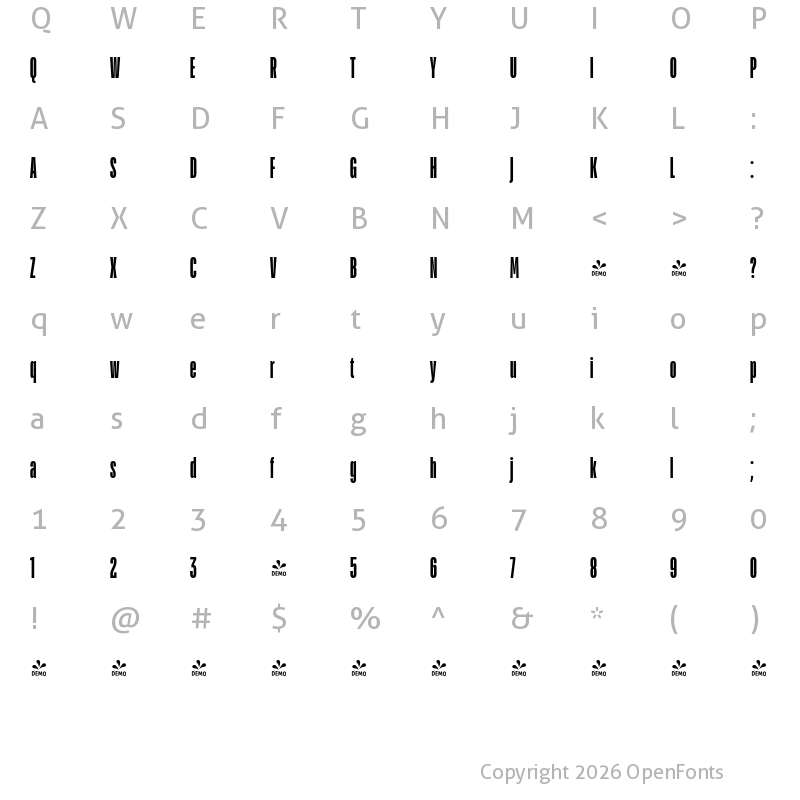 Character Map of FONTSPRING DEMO - TT Bluescreens Cond Bold