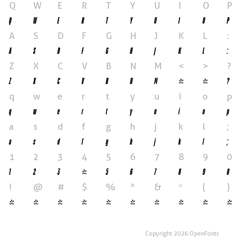 Character Map of FONTSPRING DEMO - TT Bluescreens Cond ExtraBold Italic