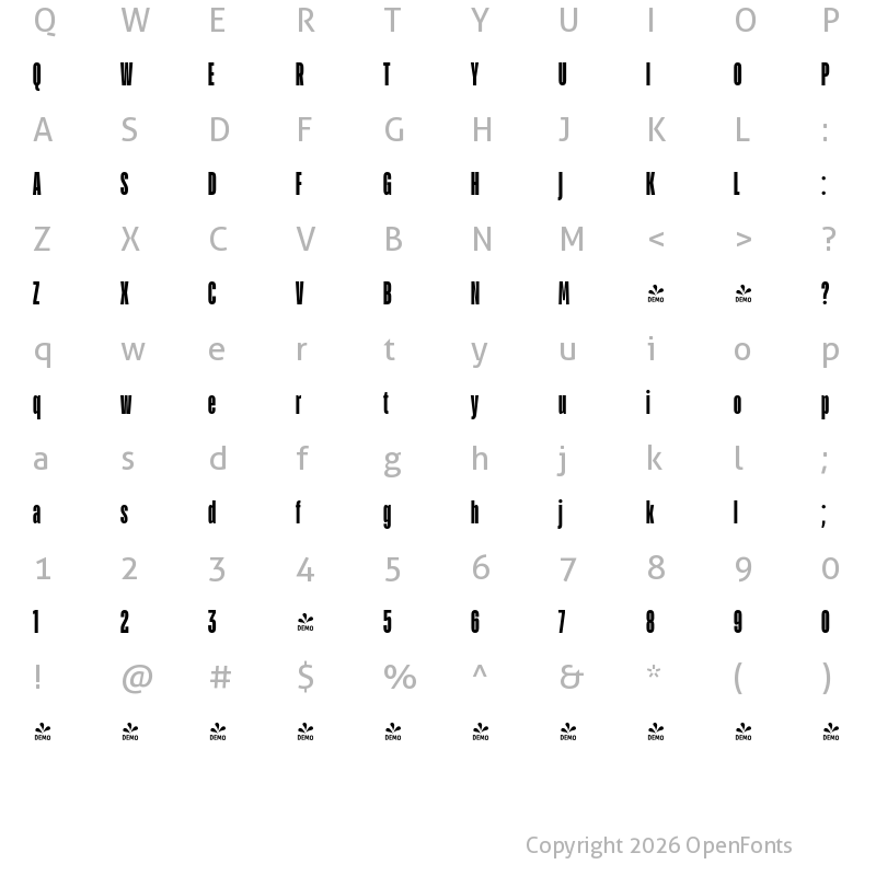 Character Map of FONTSPRING DEMO - TT Bluescreens Cond ExtraBold Regular