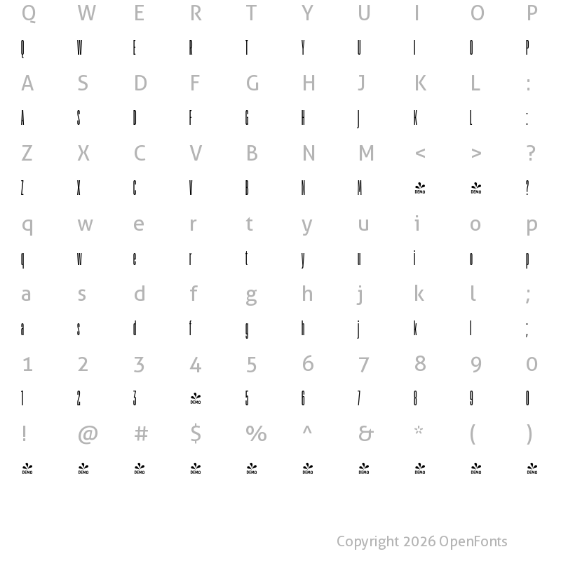 Character Map of FONTSPRING DEMO - TT Bluescreens Cond Regular