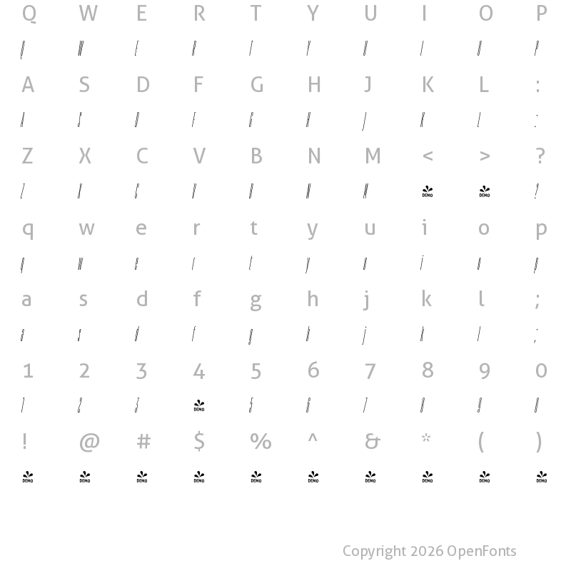 Character Map of FONTSPRING DEMO - TT Bluescreens Cond Thin Italic