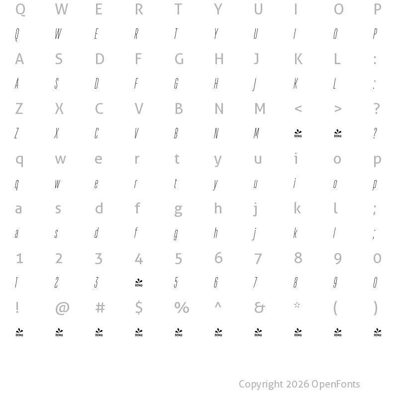 Character Map of FONTSPRING DEMO - TT Bluescreens Thin Italic