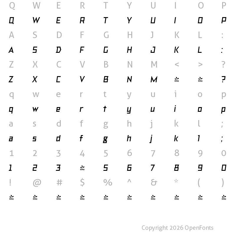 Character Map of FONTSPRING DEMO - TT Bricks Bold Italic