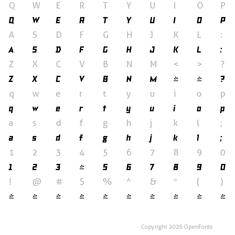 Character Map of FONTSPRING DEMO - TT Bricks Extrabold Italic