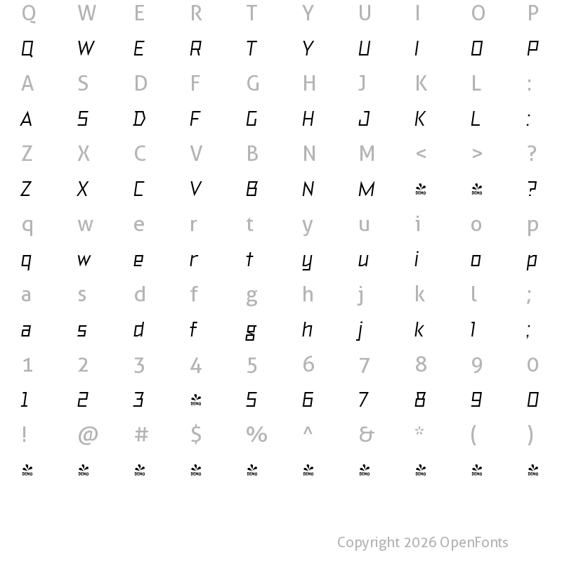 Character Map of FONTSPRING DEMO - TT Bricks Light Bold Italic