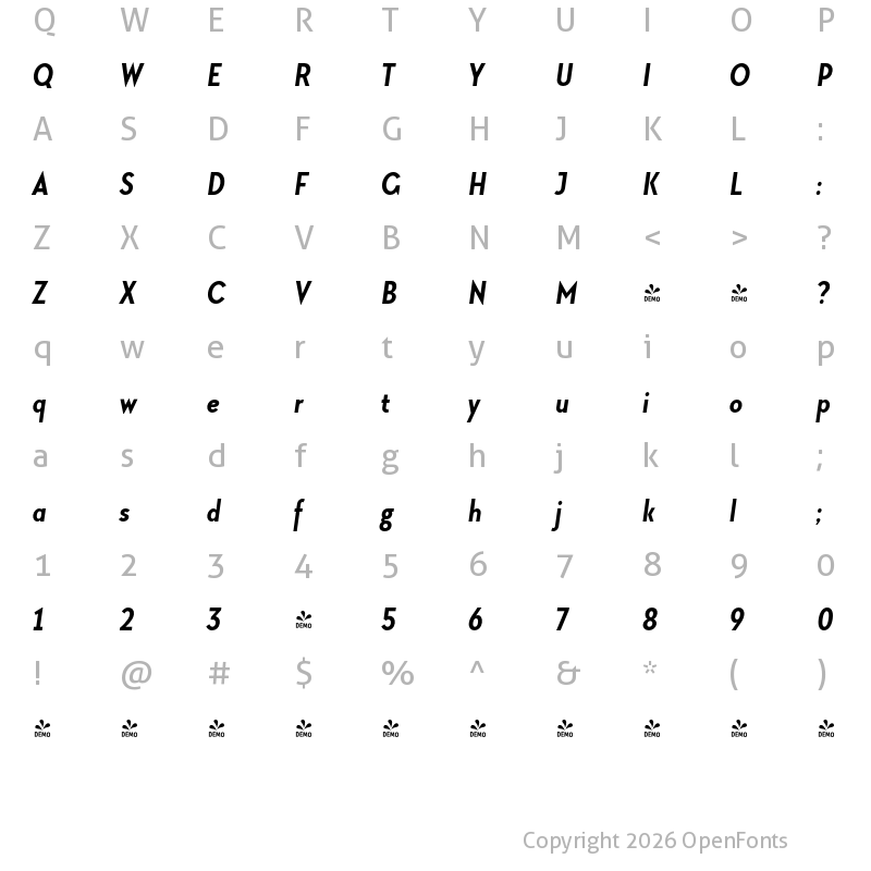 Character Map of FONTSPRING DEMO - TT Chocolates Condensed Bold Italic