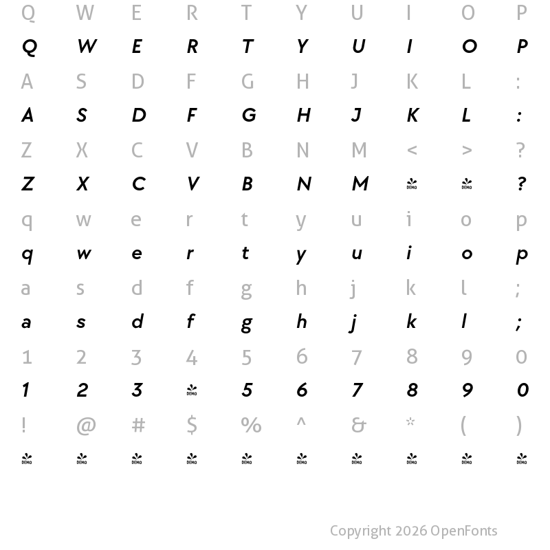 Character Map of FONTSPRING DEMO - TT Chocolates DemiBold Italic
