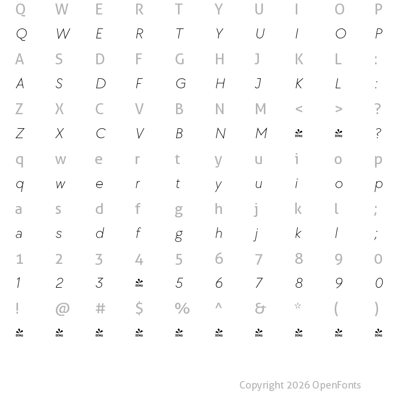 Character Map of FONTSPRING DEMO - TT Chocolates ExtraLight Italic