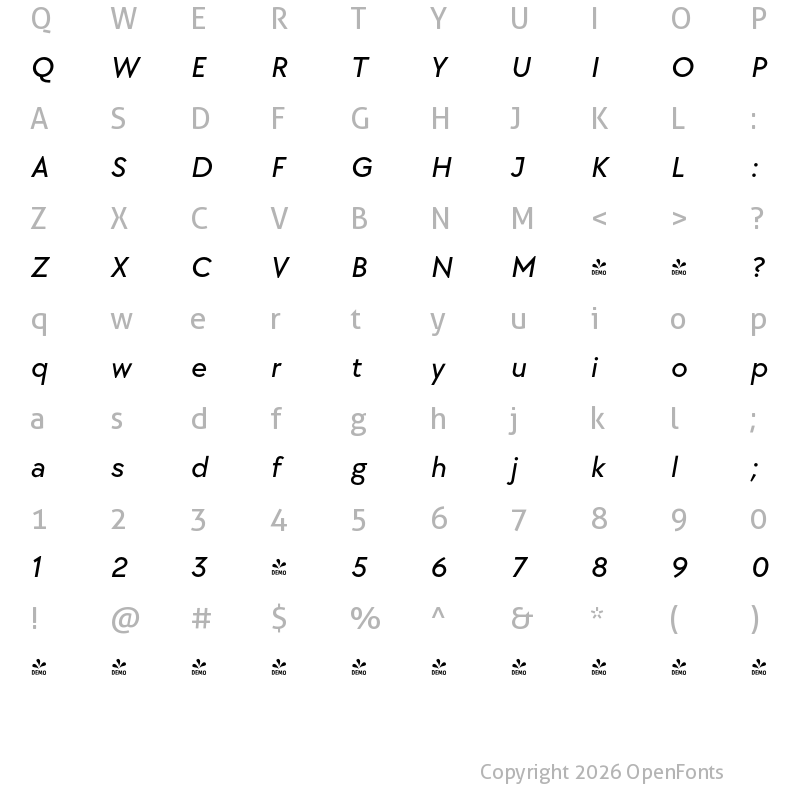 Character Map of FONTSPRING DEMO - TT Chocolates Medium Italic