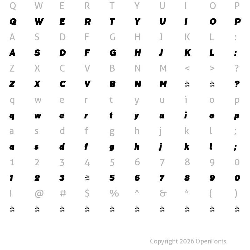 Character Map of FONTSPRING DEMO - TT Corals ExtraBold Bold Italic