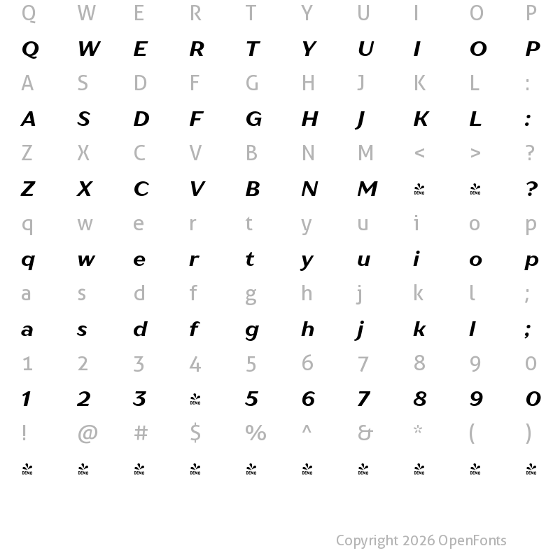 Character Map of FONTSPRING DEMO - TT Drugs Bold Italic