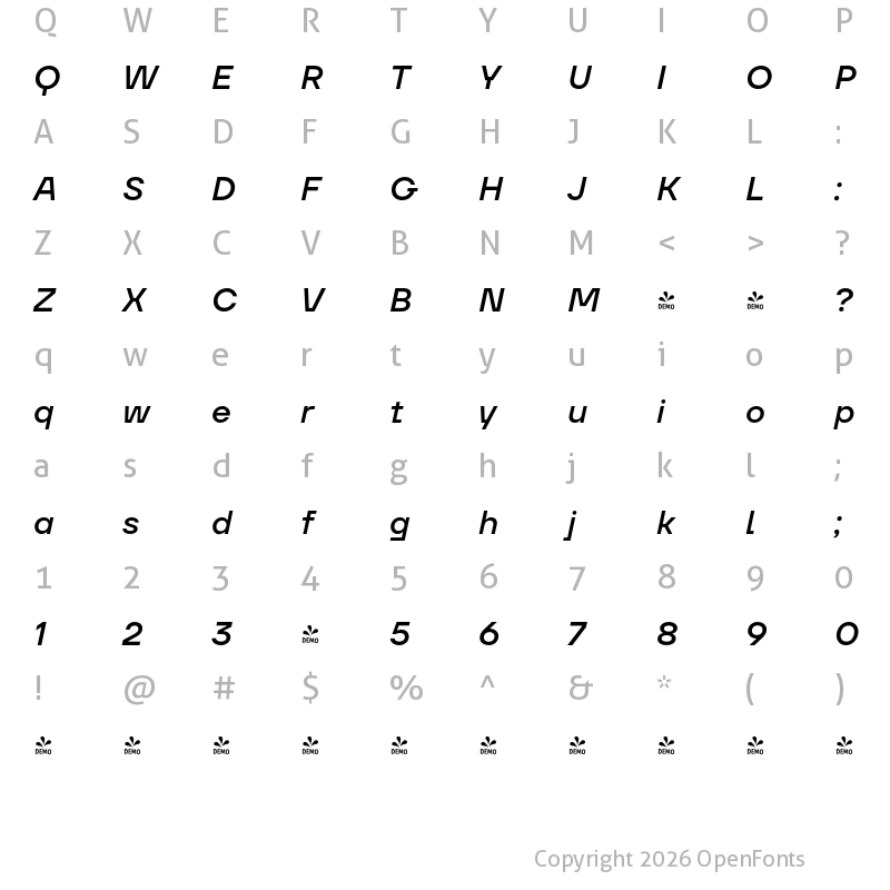 Character Map of FONTSPRING DEMO - TT Firs Neue Medium Italic