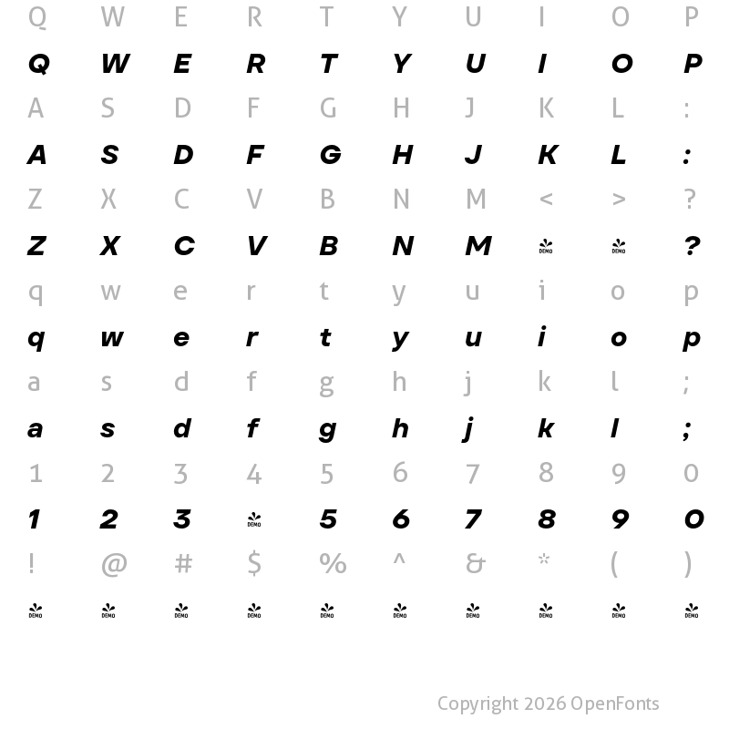 Character Map of FONTSPRING DEMO - TT Firs Text Bold Italic
