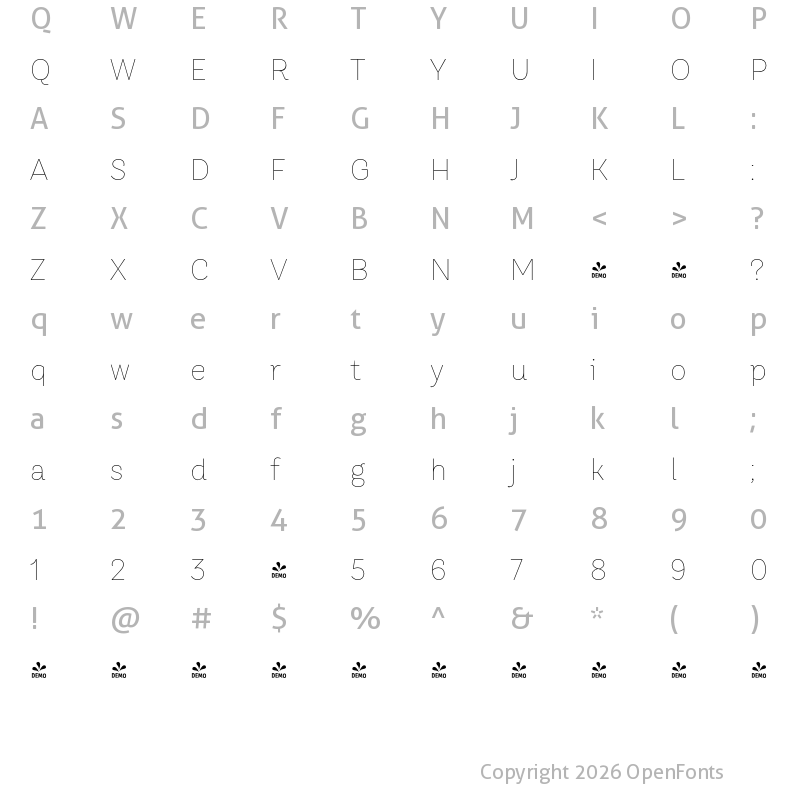 Character Map of FONTSPRING DEMO - TT Hazelnuts Thin Regular