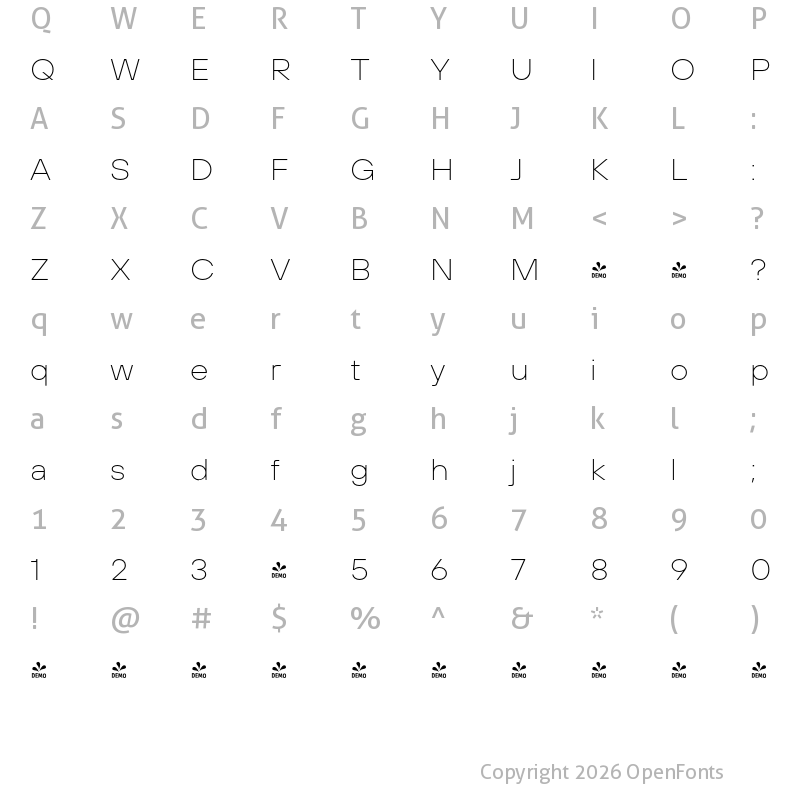 Character Map of FONTSPRING DEMO - TT Hoves Pro Exp Thin Regular