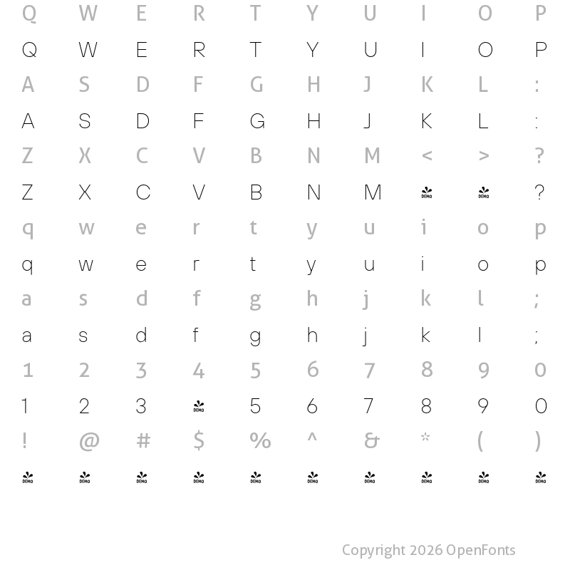 Character Map of FONTSPRING DEMO - TT Hoves Pro Thin Regular
