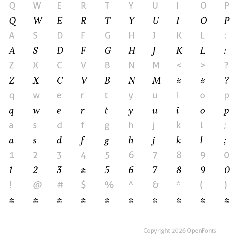 Character Map of FONTSPRING DEMO - TT Jenevers Italic