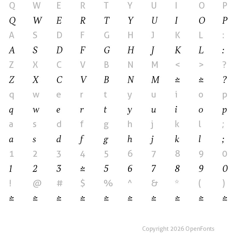 Character Map of FONTSPRING DEMO - TT Jenevers Light Italic