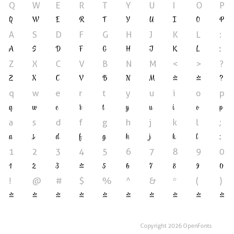 Character Map of FONTSPRING DEMO - TT Knickerbockers Script Regular