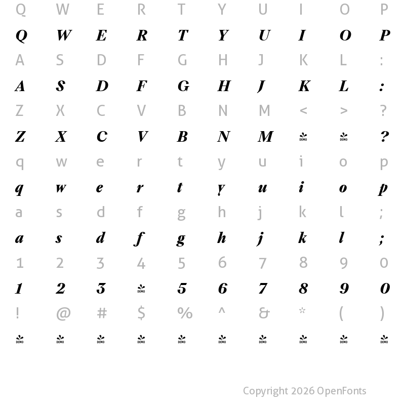 Character Map of FONTSPRING DEMO - TT Livret Subhead Bold Italic