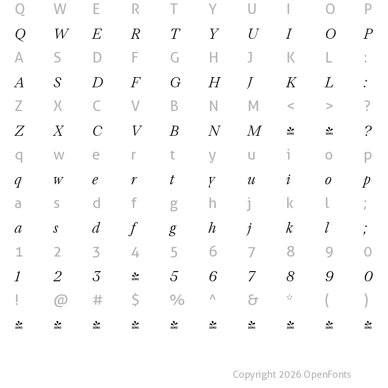 Character Map of FONTSPRING DEMO - TT Livret Subhead Light Italic