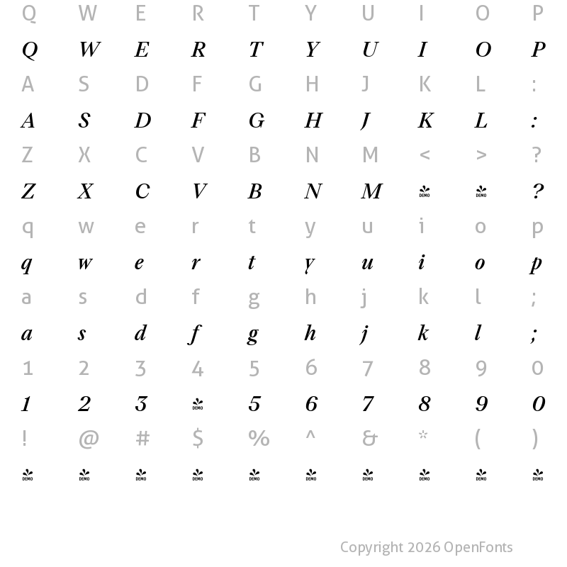 Character Map of FONTSPRING DEMO - TT Livret Subhead Medium Italic