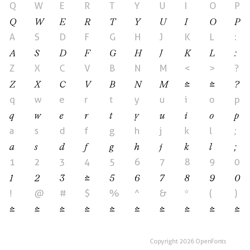 Character Map of FONTSPRING DEMO - TT Livret Text Light Italic