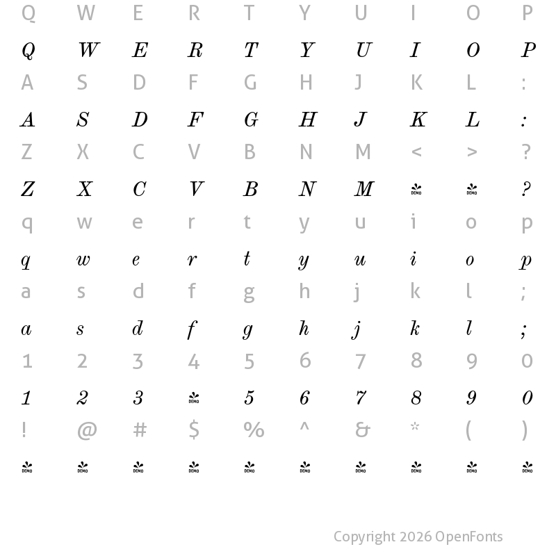 Character Map of FONTSPRING DEMO - TT Marxiana Antiqua Italic