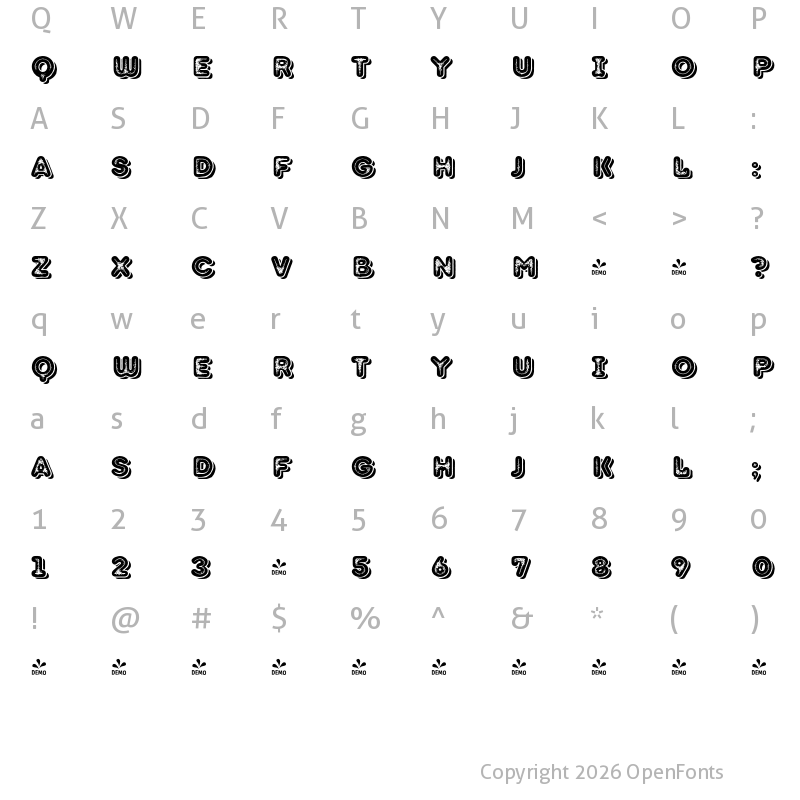Character Map of FONTSPRING DEMO - TT Milks Casual Shadow Inline Regular