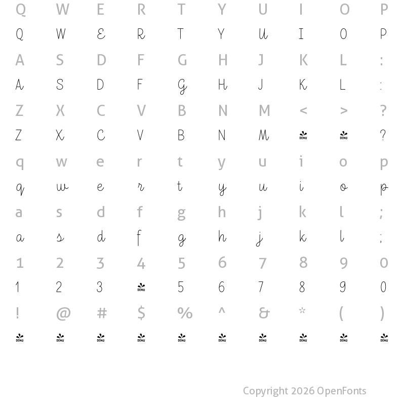 Character Map of FONTSPRING DEMO - TT Milks Script ExtraLight Regular