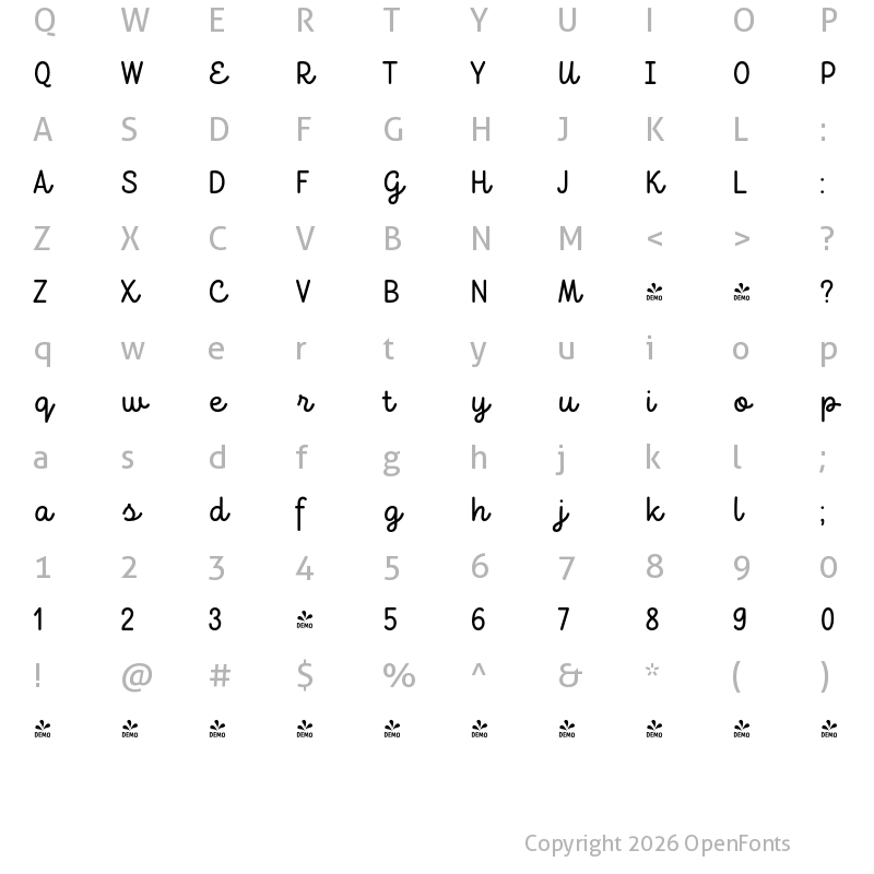 Character Map of FONTSPRING DEMO - TT Milks Script Regular