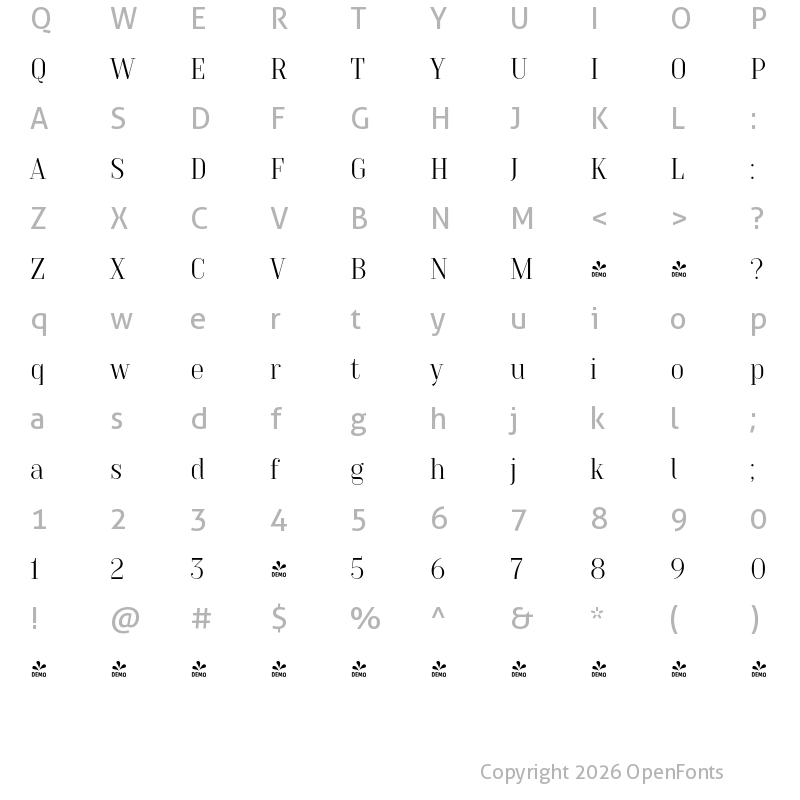 Character Map of FONTSPRING DEMO - TT Moons Thin Bold