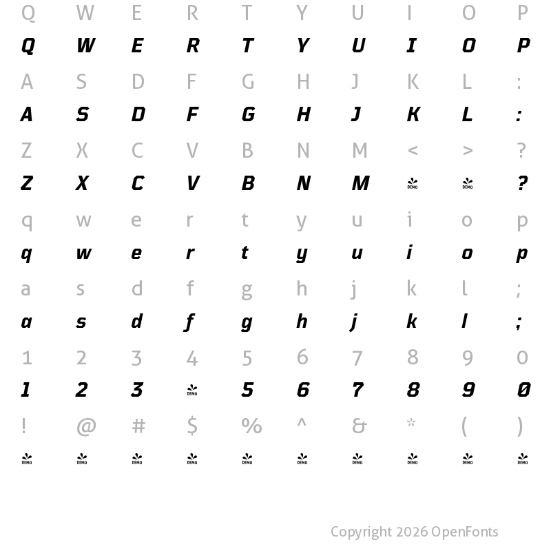 Character Map of FONTSPRING DEMO - TT Mussels Bold Italic