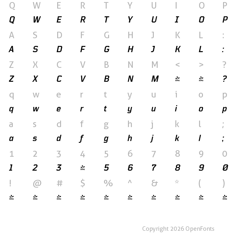 Character Map of FONTSPRING DEMO - TT Mussels DemiBold Italic