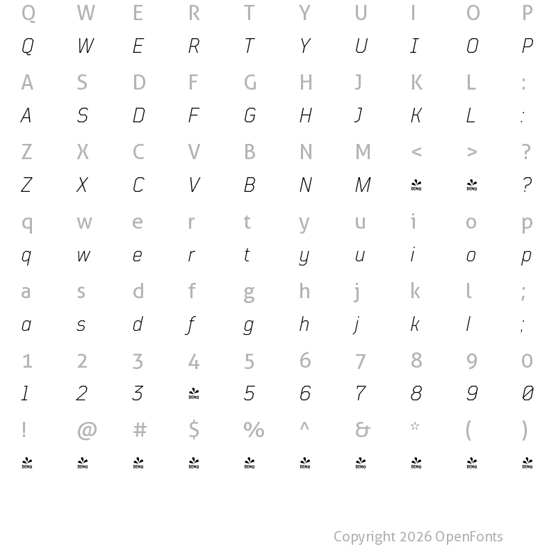 Character Map of FONTSPRING DEMO - TT Mussels Light Italic