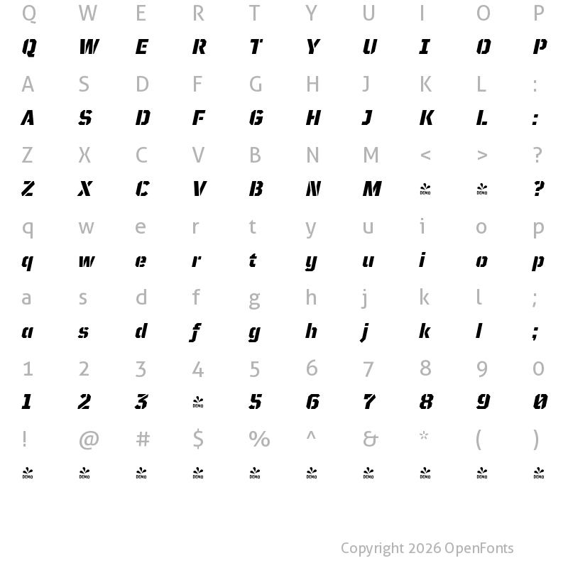 Character Map of FONTSPRING DEMO - TT Mussels Stencil DemiBold Bold Italic