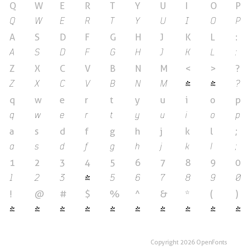 Character Map of FONTSPRING DEMO - TT Mussels Thin Italic
