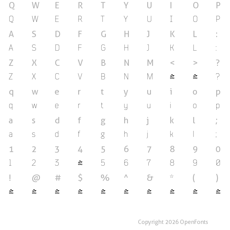 Character Map of FONTSPRING DEMO - TT Mussels Thin Regular