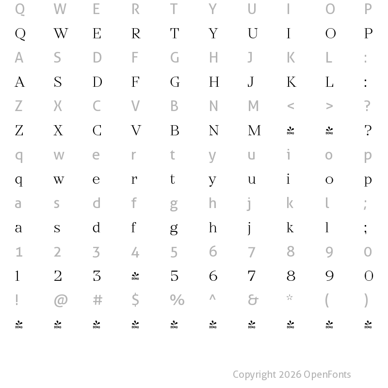 Character Map of FONTSPRING DEMO - TT Nooks Light Regular