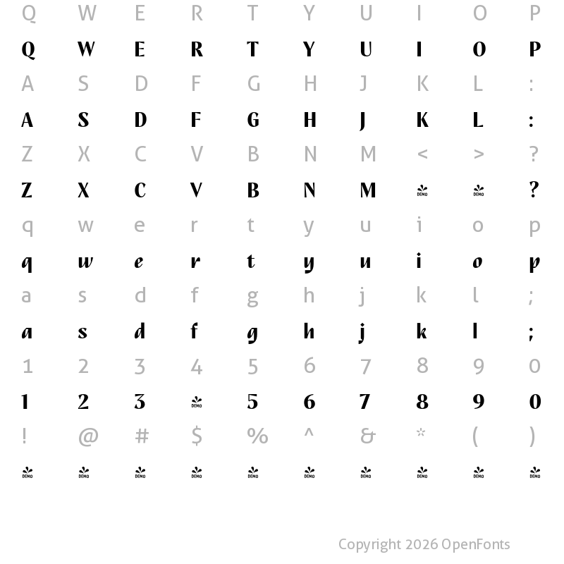 Character Map of FONTSPRING DEMO - TT Nooks Script Bold