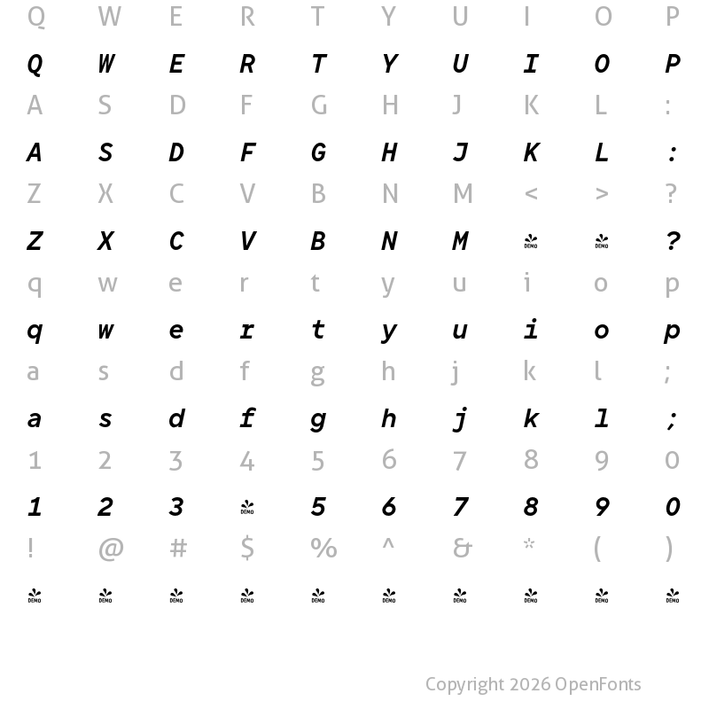 Character Map of FONTSPRING DEMO - TT Norms Pro Mono DemiBold Italic