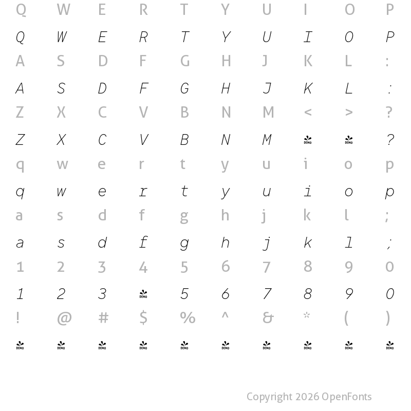 Character Map of FONTSPRING DEMO - TT Norms Pro Mono ExtraLight Italic