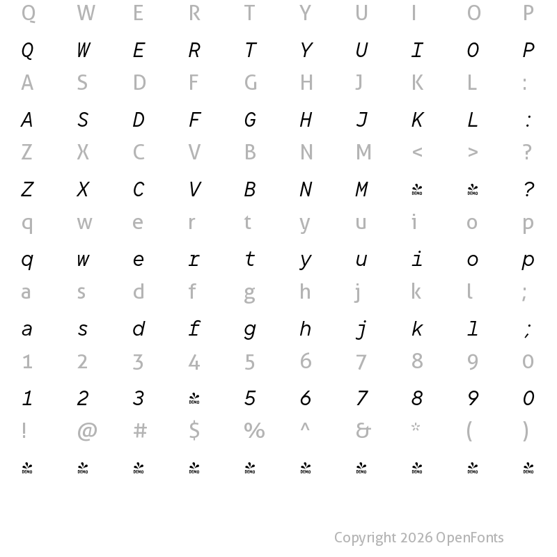 Character Map of FONTSPRING DEMO - TT Norms Pro Mono Italic