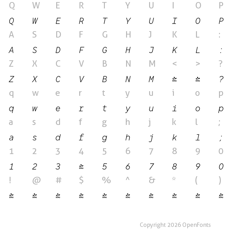 Character Map of FONTSPRING DEMO - TT Norms Pro Mono Light Italic