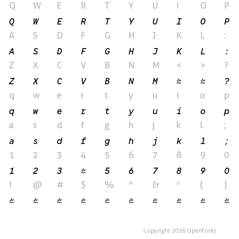 Character Map of FONTSPRING DEMO - TT Norms Pro Mono Medium Italic
