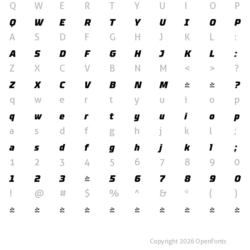 Character Map of FONTSPRING DEMO - TT Octosquares Cond Black Italic