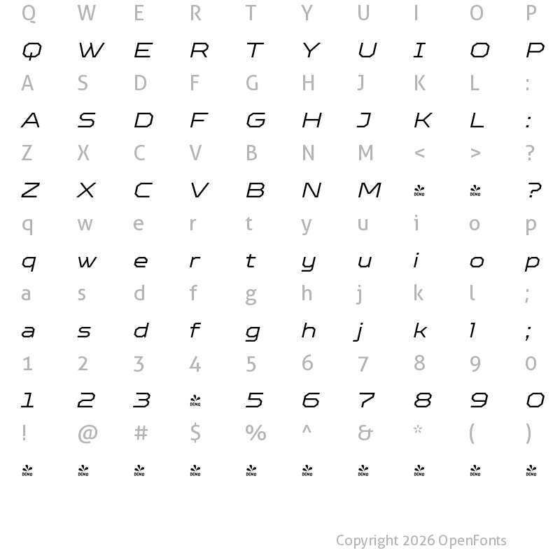 Character Map of FONTSPRING DEMO - TT Octosquares Exp Light Italic